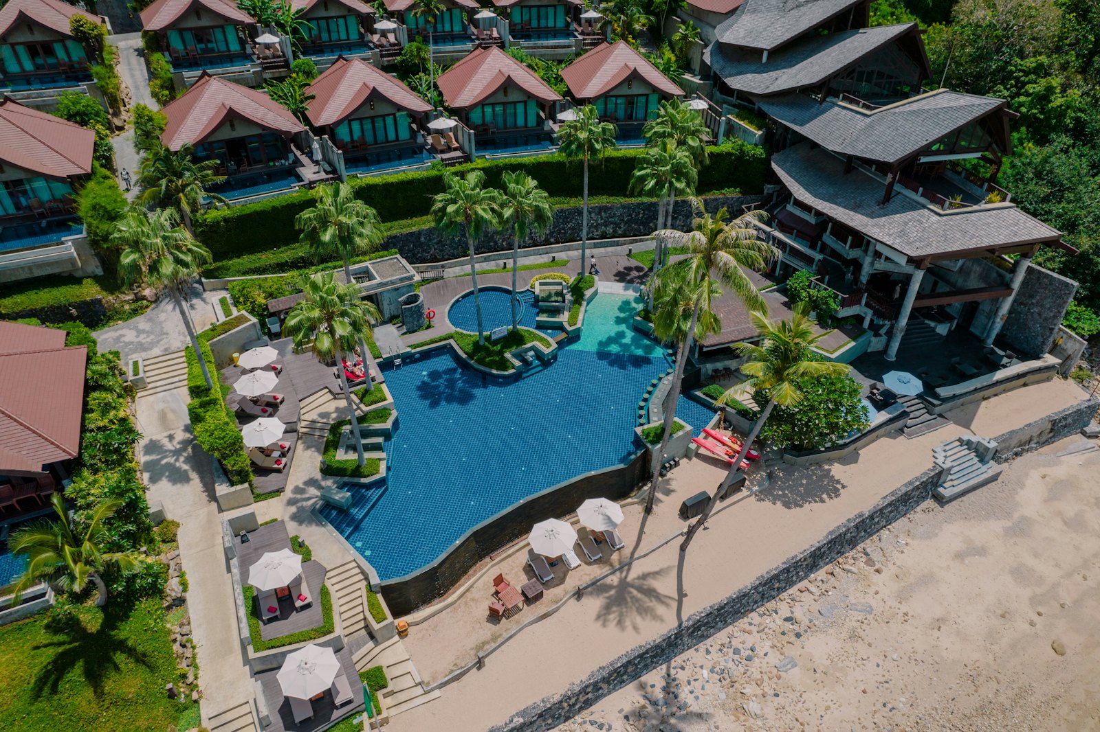 Aerial view of a beachfront resort